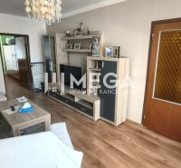 Interior of a 4-room apartment with a living room, sofa, wood-patterned flooring, and furniture.