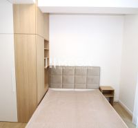 Bedroom in a 3-room apartment with a bed, built-in wardrobe, and wooden decor flooring.