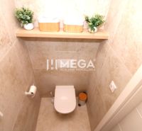 A toilet with marble tiles and decorative plants in a 3-room apartment.