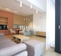 Living room of a three-room apartment with a wooden decor floor and a modern kitchen unit.