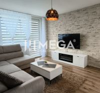Living room in a 3-room apartment, with a wooden decor floor and a TV on a stone wall.