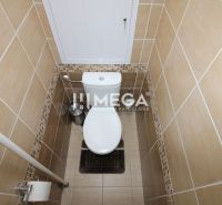A toilet with tiles in a 3-room apartment, coordinated tile colors.