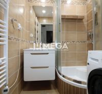 Bathroom in a 3-room apartment with a shower and a washing machine, tiles with a natural decor.