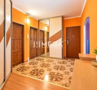 Entrance hall in a 4-room apartment with colorful walls and a wardrobe.