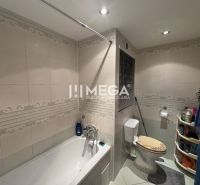 Bathroom with a shower bathtub and toilet in a 4-room apartment, tiles with ornaments.