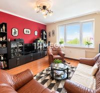Living room with a sofa, glass table, and wooden decor flooring in a 4-room apartment.