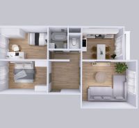Floor plan of a 3-room apartment with wood-patterned flooring, kitchen, and living area.