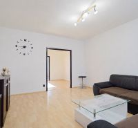Living room in a three-room apartment with a sofa, glass table, and wooden decor flooring.