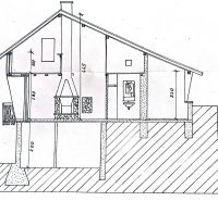 A cross-section of a house with a chimney and attic in the Gardens.