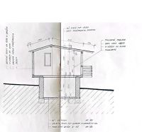 Construction project of a wooden house with a gable roof and a floor with a wooden decor.