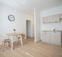 A kitchen in a one-room apartment with a wooden decor floor, a dining table, and a clock.