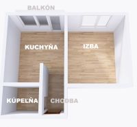Floor plan of a 1-bedroom apartment with a kitchen, room, bathroom, and floor with a wooden decor.