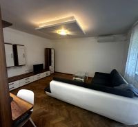 Living room with a sofa, TV, cabinets, and a wooden decor floor in a 2-room apartment.