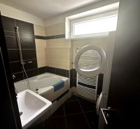 Bathroom in a 2-room apartment with a bathtub, sink, and washing machine; black and beige tiles.