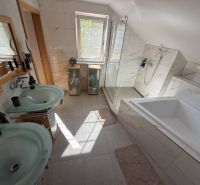 A bathroom in a family house with two sinks, a bathtub, and a shower.