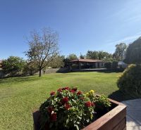 The garden of a family house in Zlaté Moravce with blooming flowers and trees.