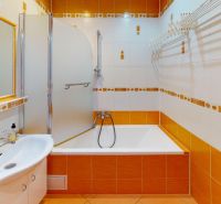 Bathroom in a 3-room apartment with orange tiles, a shower, and a sink.