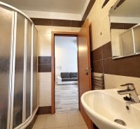 A bathroom in a studio apartment with a sink, a shower corner, and brown-beige tiles.