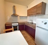 A kitchenette in a studio apartment with a corner unit, table, and wooden decor flooring.