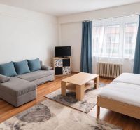 A one-room apartment with a sofa, bed, television, table, and floor with a wooden decor.