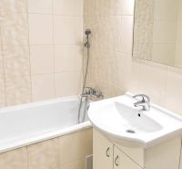 A bathroom in a studio apartment with a bathtub, a washbasin cabinet, and green tiles.