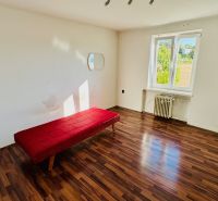 A simple interior of a one-room apartment with a wooden decor floor and a red sofa.
