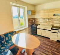 A kitchen in a studio apartment with a kitchen unit, wooden decor flooring, and a view.