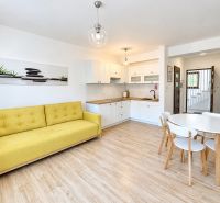 Living room in a studio apartment with wood-patterned flooring and a yellow sofa.