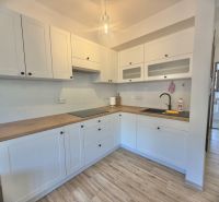 A kitchen in a studio apartment with white cabinets and a wood-patterned floor.