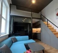 Living room with a blue sofa and staircase in a studio apartment.