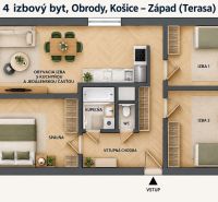 The floor plan of a 4-room apartment with a wooden decor floor includes rooms and a kitchen.