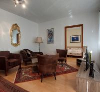 Living room in a 3-room apartment with a carpet, mirror, and wooden decor flooring.