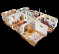 3-room apartment with wood-patterned flooring and furniture in a traditional style.