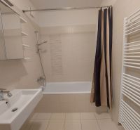 A bathroom in a 3-room apartment with a bathtub, a sink, and a ladder radiator.