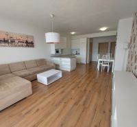 Living room with wood-patterned flooring and a corner sofa in a three-room apartment.