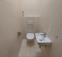 A toilet with a sink in the interior of a 3-room apartment, tiled walls.