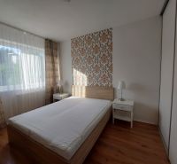 A bedroom with a bed, wallpaper, and a wooden decor floor in a 3-room apartment.
