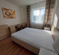 A bedroom with a large bed, a floor with a wooden decor, and a decorative painting in a 3-room apartment.