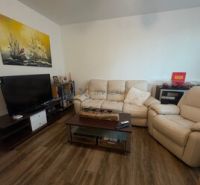 Living room of a two-room apartment with a wood-patterned floor and comfortable seating.