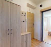 The entrance hall of a 2-room apartment with wooden decor and a wardrobe.
