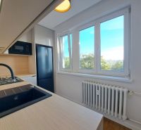 A kitchen in a 2-room apartment with a wood-patterned floor and large windows.