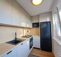A kitchen in a 2-room apartment with white cabinets and a wood-patterned floor.