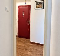 A hallway with red doors and a wooden decor floor in a 3-room apartment.