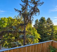 View from a 3-room apartment on Za hradbami Street in Pezinok surrounded by greenery.