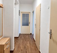 A hallway in a 3-room apartment with a wooden decor floor and a wardrobe.