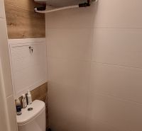 A toilet with a wooden decor floor in a 3-room apartment.