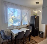 Dining area in a 3-room apartment with a dark refrigerator and wooden decor flooring.