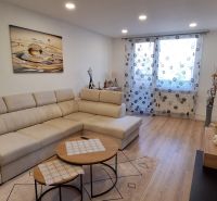 Bright living room with a corner sofa and wooden decor flooring in a 3-room apartment.