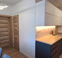 A kitchen in a 3-room apartment with a wooden decor floor and modern lighting.