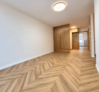 Interior of a 3-room apartment with a wooden decor floor and wooden partitions.
